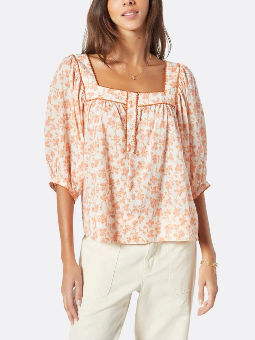 Joie Leroye Short Sleeve Cotton Top Orange Rust Pale Pink XS